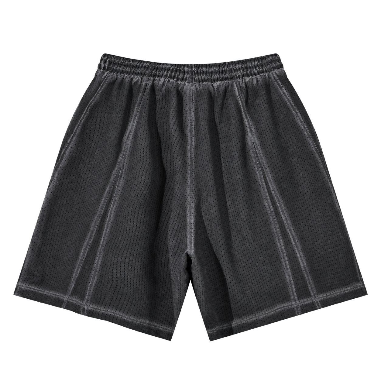 Washed mesh shorts, Dark Gray, back view. Digital supplier preview.