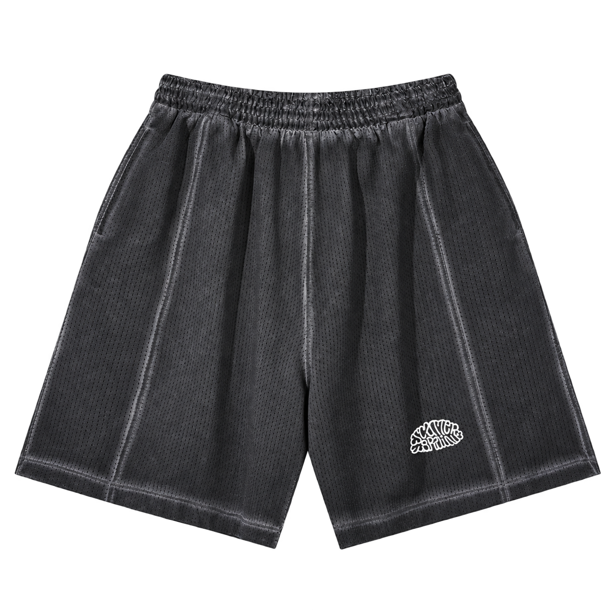Washed mesh shorts, Dark Gray, front view. Digital supplier preview.